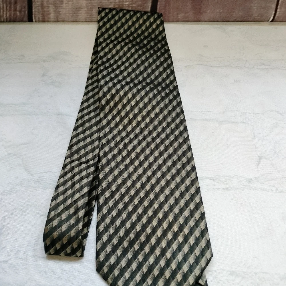 Pavone Black Taupe Men's Silk Tie Necktie Stripe Checks Made in Italy Formal